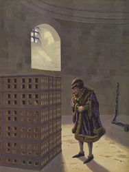 Luigi XI osserva il cardinale Balue, imprigionato in una gabbia di ferro nelle segrete del castello di Onzain per aver intrigato con il suo nemico Carlo il Temerario, duca di Borgogna